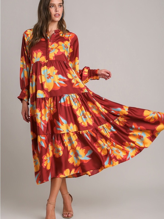 Umgee Dresses & Skirts - Umgee Rust Maxi Dress with Bold Yellow & Turquoise Floral Print